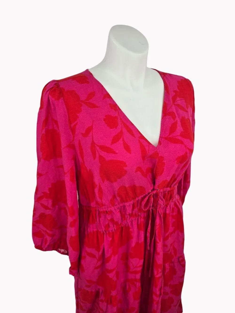 Kate Spade New York 1X Red & Pink Floral Midi Dress With Drawstring Waist